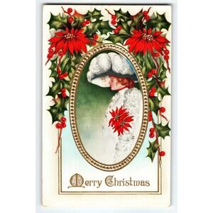 Vintage 1912 Embossed Christmas Postcard Woman with Poinsettias & Holly